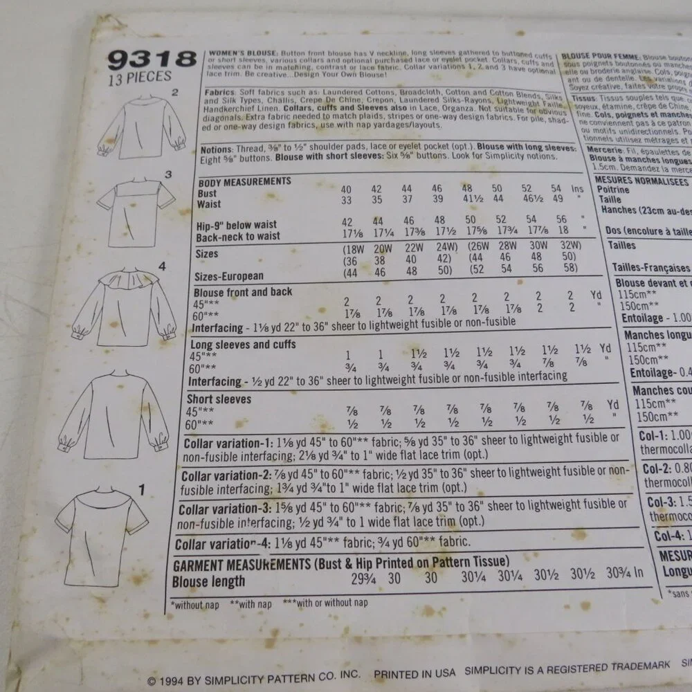 Simplicity 9318 Sewing Pattern 18W - 24W Mary Duffy Shirt-Blouse
